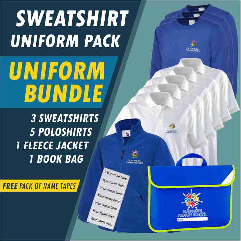 Bundle offering a full uniform set - PE Pack of T Shirt, Shorts and PE Bag plus 3 Sweatshirts, 5 poloshirts, Book Bag and a Fleece Jacket! - Free Names Tapes included!