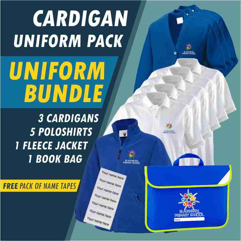 Bundle offering a full uniform set - PE Pack of T Shirt, Shorts and PE Bag plus 3 Cardigans 5 poloshirts, Book Bag and a Fleece Jacket!  - Free Names Tapes included!